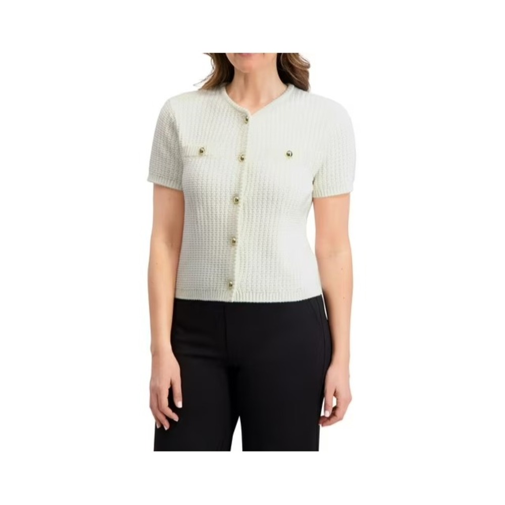 French Connection Womens Short Sleeve Textured Knit Cardigan Sweater Ivory S